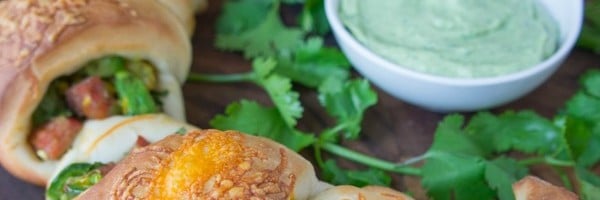 Avocado and Chorizo Stuffed Party Rolls with Creamy Avocado Cilantro Ranch Dip