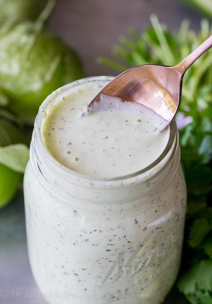 This Spicy Tomatillo Ranch Dressing is seriously the BEST copy cat recipe out there!