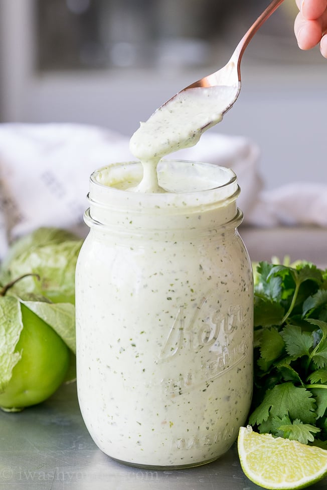 This Spicy Tomatillo Ranch Dressing is seriously the BEST copy cat recipe out there!