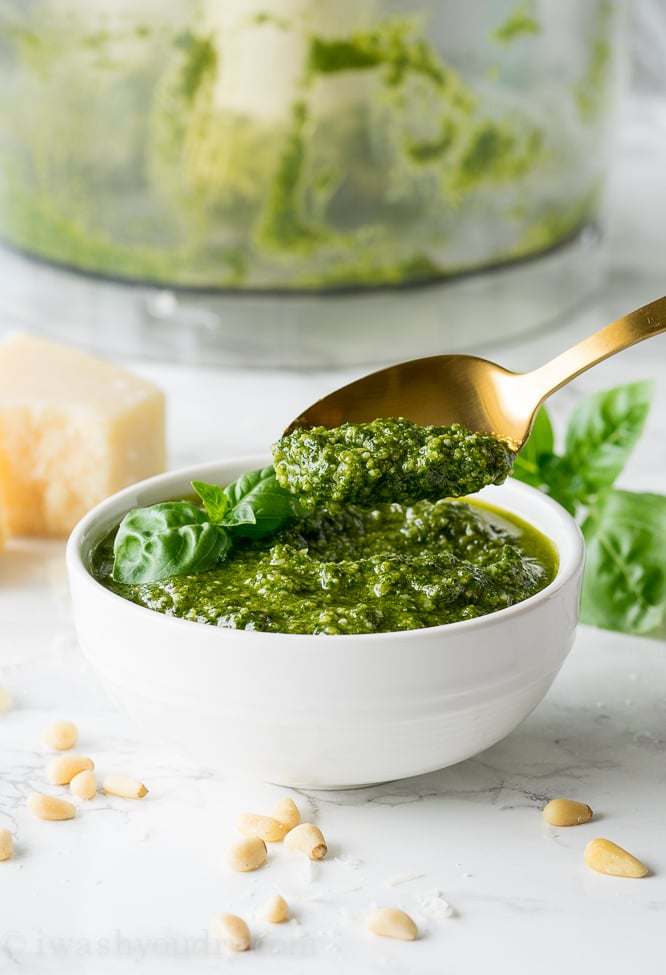 This Fresh Basil Pesto Recipe is so EASY!! It's perfect with pasta, shrimp and chicken!