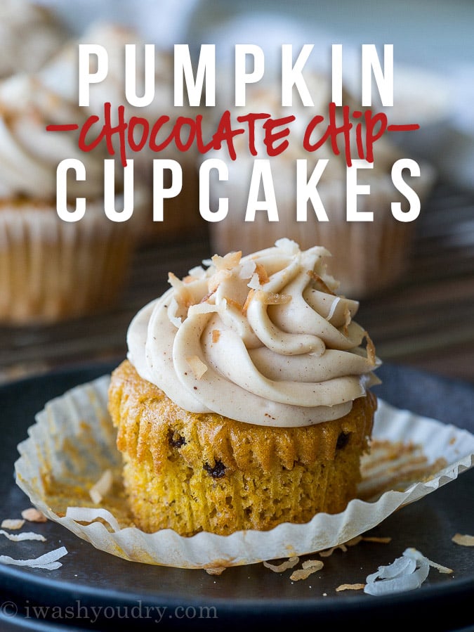 These Pumpkin Chocolate Chip Cupcakes with Spiced Cream Cheese Frosting are insanely delicious and so easy! They start with a box cake mix and I can't wait to make them again!