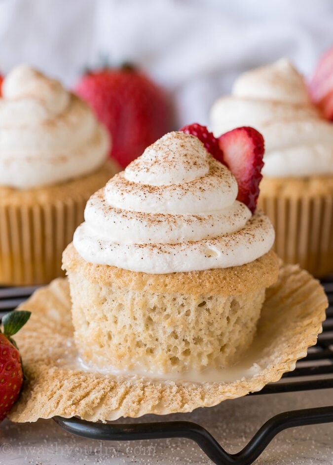 WOW! These Tres Leches Cupcakes are filled with three types of milk and topped with a light and airy whipped cream topping! So delicious and SO EASY!