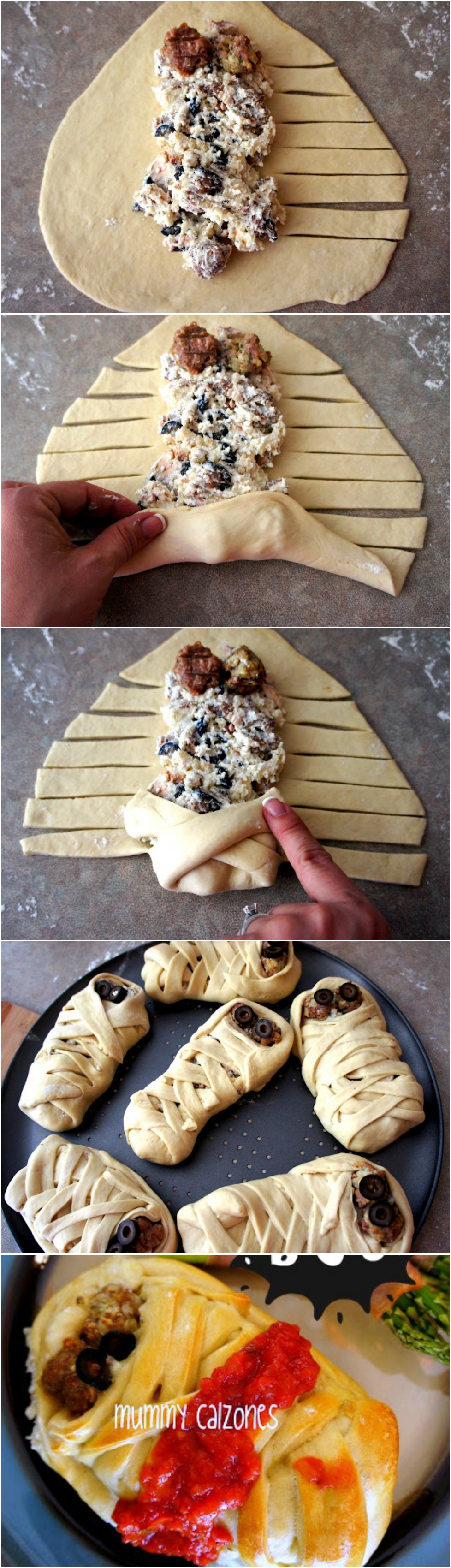 How to assemble Mummy Calzones for a fun Halloween Dinner idea!