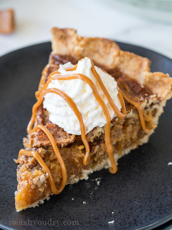 This Caramel Pecan Pie recipe is my new favorite Thanksgiving pie! So easy and no corn syrup!