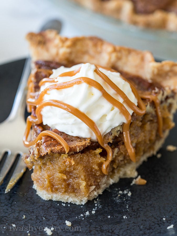 This Caramel Pecan Pie recipe is my new favorite Thanksgiving pie! So easy and no corn syrup!