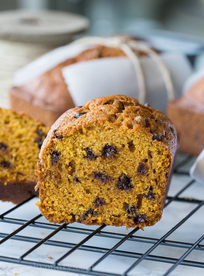 This Pumpkin Chocolate Chip Bread makes for a perfect holiday gift! So moist and perfectly sweetened with that pumpkin pie spice!