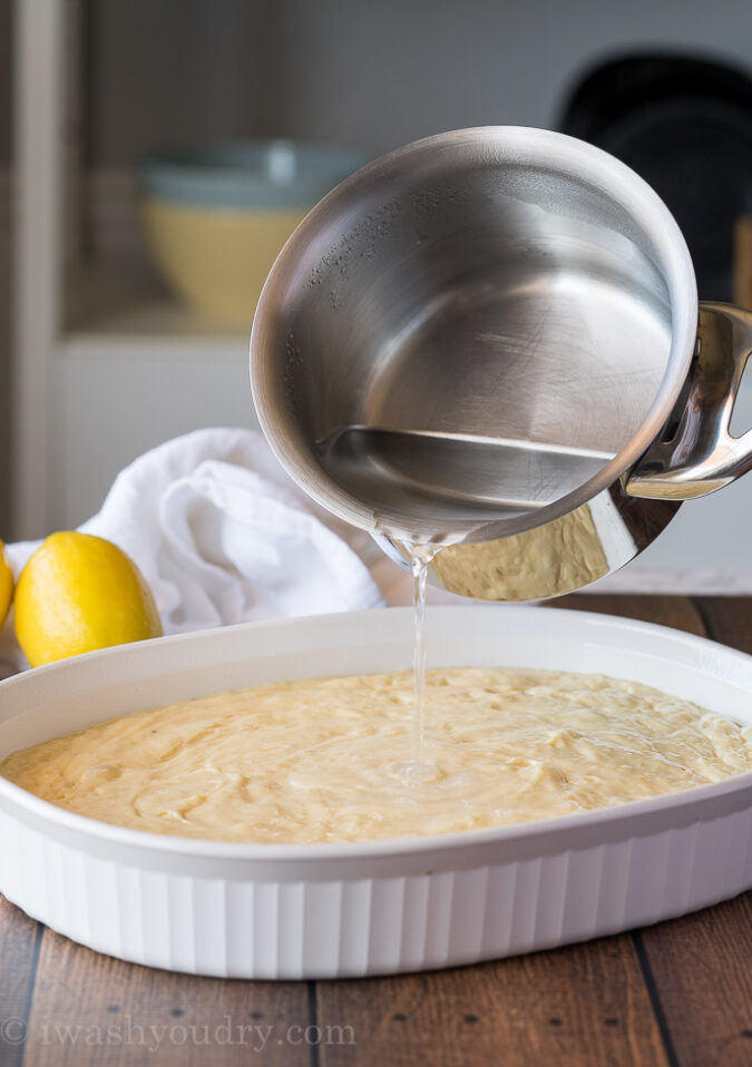 Pour boiling water over the top of the cake mix and bake!