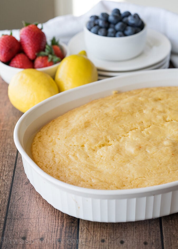 Once baked, serve the cake warm with the lemon pudding spooned over the top. Add fresh whipped cream and berries on top for an extra treat!