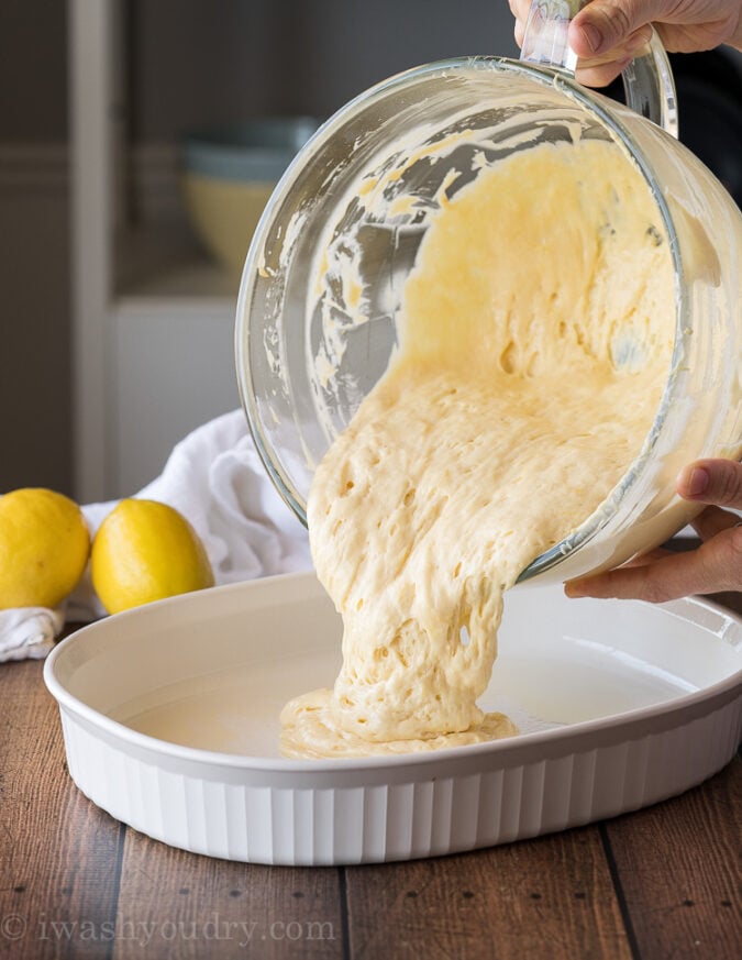 Combine the cake mix with milk, sour cream, lemon juice and lemon zest, then pour the batter into a lightly greased baking dish.