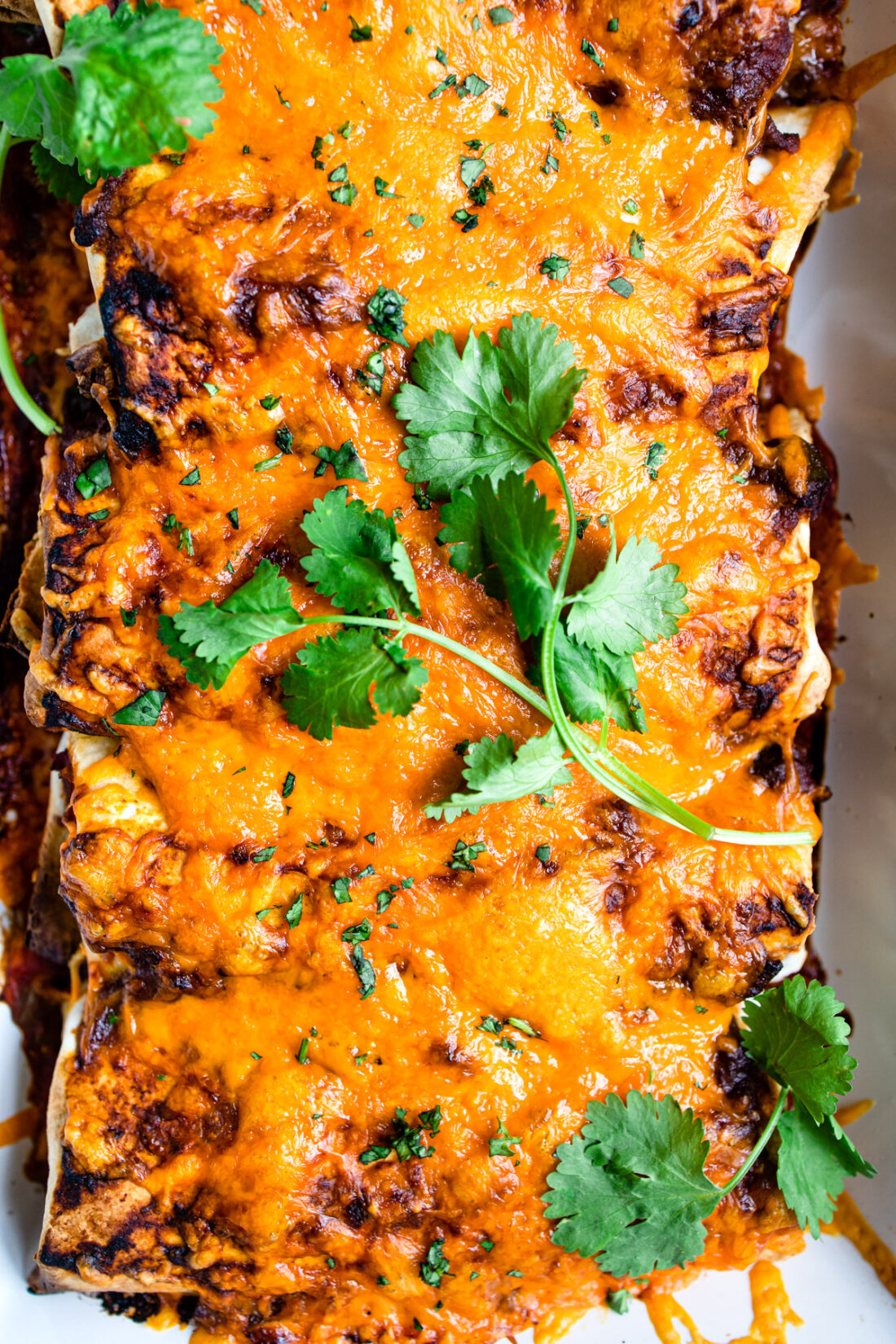 cheesy smothered beef burritos in casserole dish with cilantro on top.