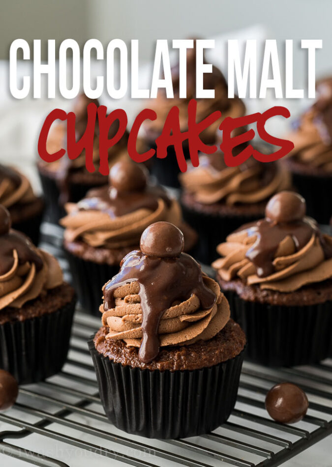 These Chocolate Malt Cupcakes are topped with a delicious Chocolate Malt Buttercream Frosting and a smooth and creamy chocolate ganache! Impressive, yet SO EASY to make!