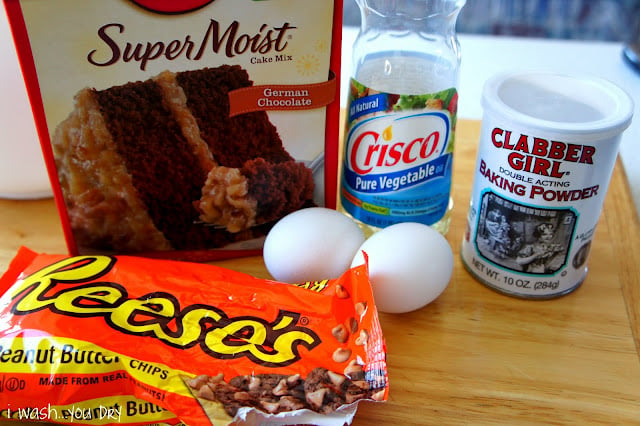 A display of needed ingredients to make German Chocolate Peanut Butter Cake Batter Cookies
