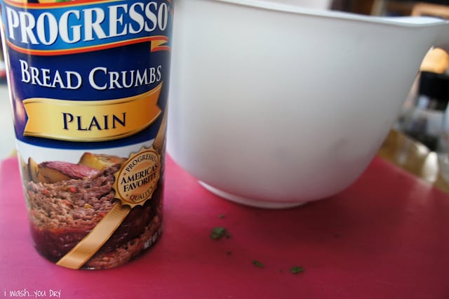 A can of bread crumbs displayed next to a large bowl