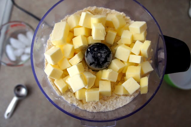 Pulse your flour, sugar, salt and freezing cold butter together in a food processor to combine your butter pie crust.