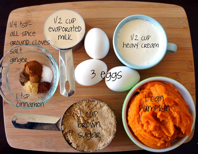 A display of measured ingredients needed to make the perfect pumpkin pie