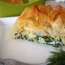 A slice of Pie Style Spanakopita displayed on a plate