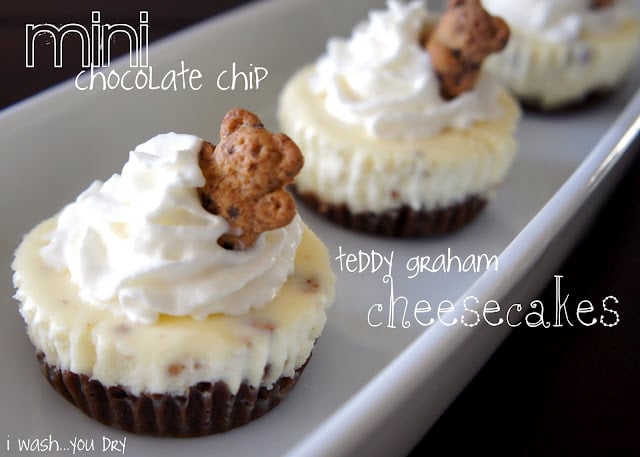 Cupcakes displayed on a plate with the title, \"Mini Chocolate Chip Teddy Graham Cheesecakes\"
