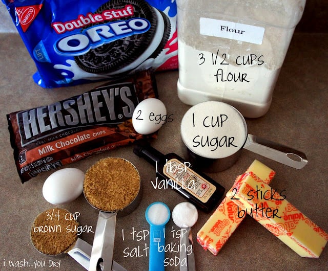 A display of measured needed ingredients to make Oreo Stuffed Chocolate Chip Cookies