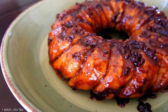 Chocolate Chip Sticky Bun Ring displayed on a plate