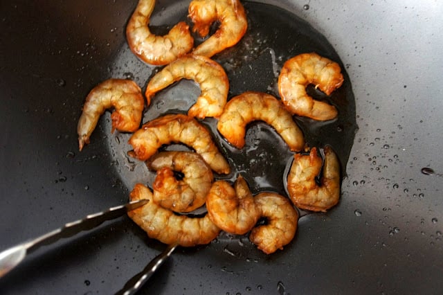 Shrimp frying in a pan