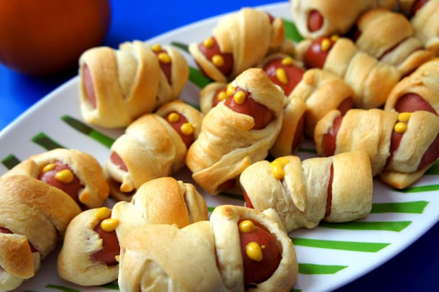 Mummy hot dogs wrapped in crescent rolls