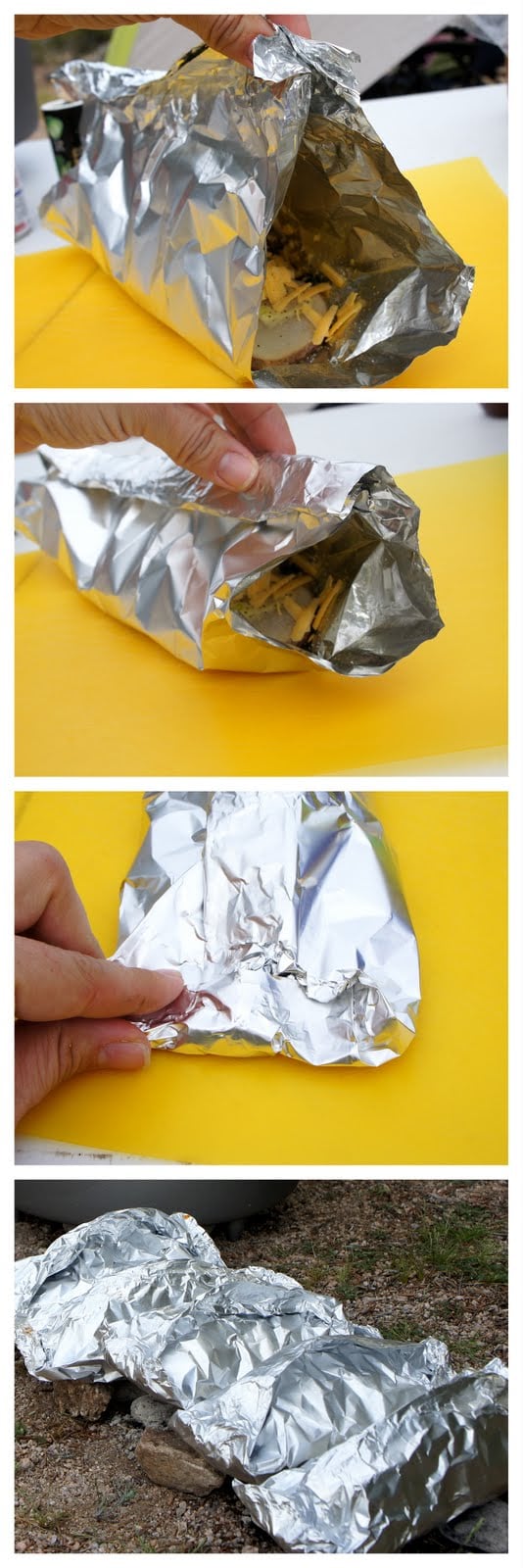 A demonstration on how to fold the tinfoil wrapped food for cooking in the fire
