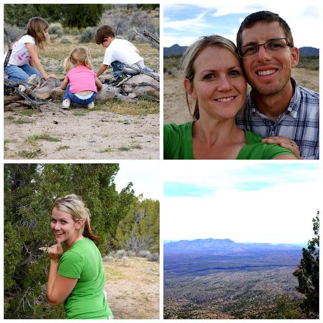 A grid of photos of a family while camping