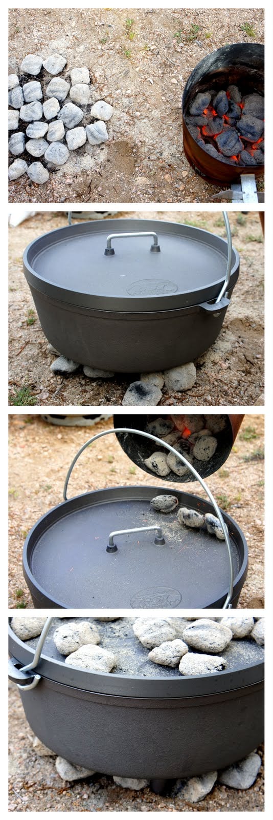 A demonstration on how to use and place hot coals around the Dutch Oven to cook the food in it