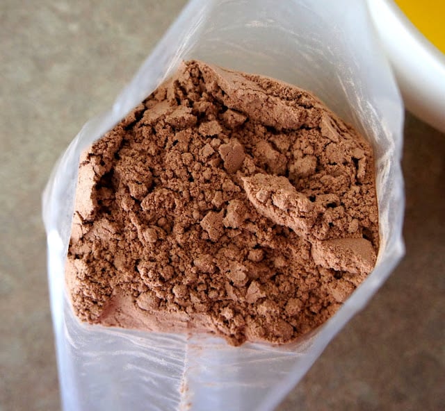 A look into a bag of chocolate cake mix powder
