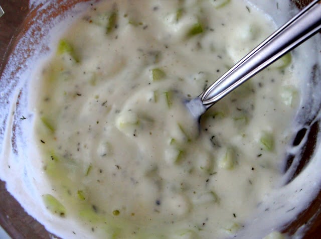 A close up of the finished Tzatziki Sauce in a bowl