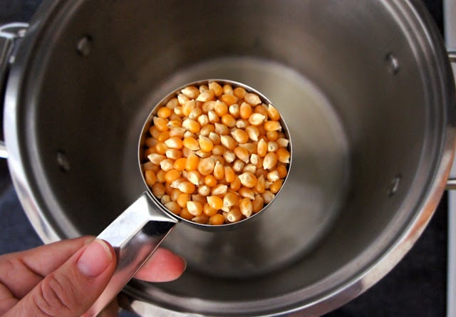 A hand holding a cup of popcorn kernels over a pot