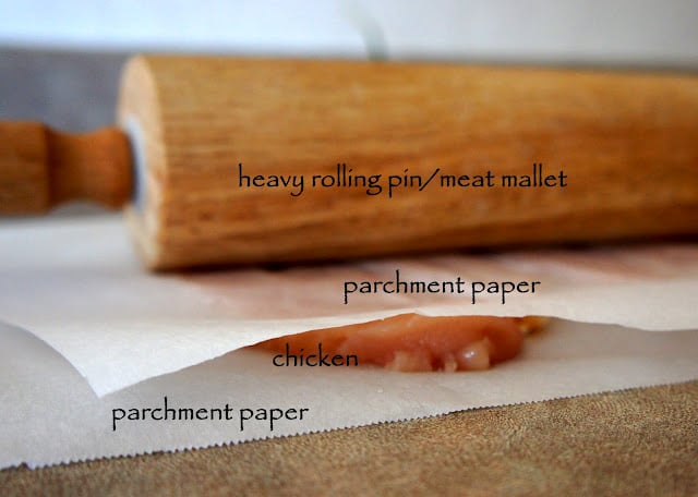 A close up of demonstration on how to make a chicken breast thinner using 2 sheets of parchment paper and a rolling pin