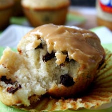 A close up of a chocolate chip muffin opened to show the inside.