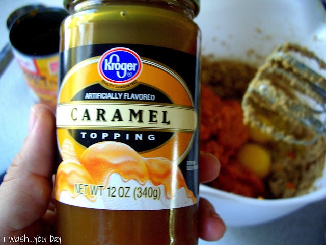 Close up of a bottle of caramel topping. 