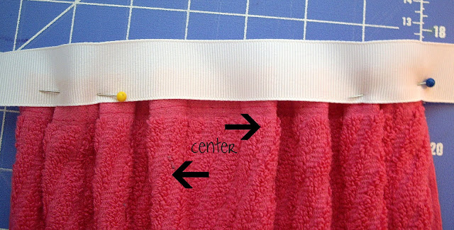 A ribbon pinned to the top edge of the dish towel apron. 