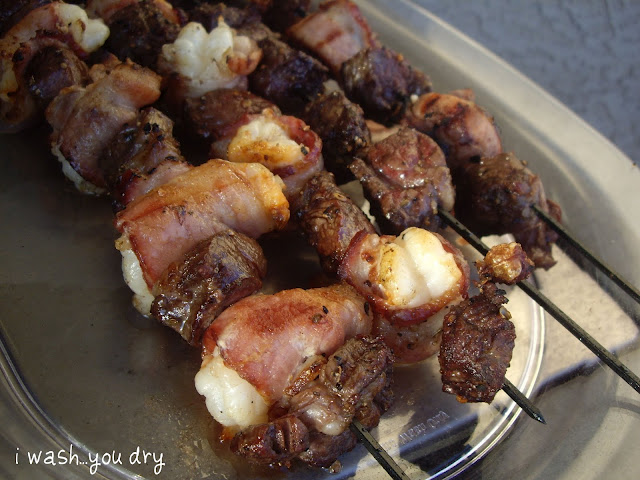 Cooked meat on skewers. 