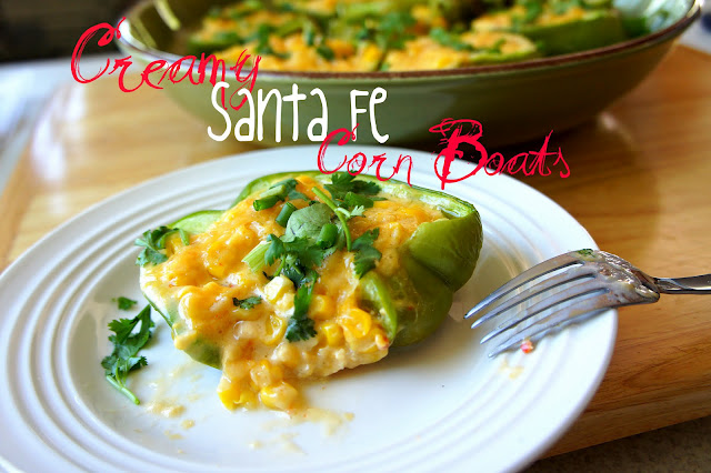 Corn stuffed pepper slices displayed on a plate titled, \"Creamy Santa Fe Corn Boats