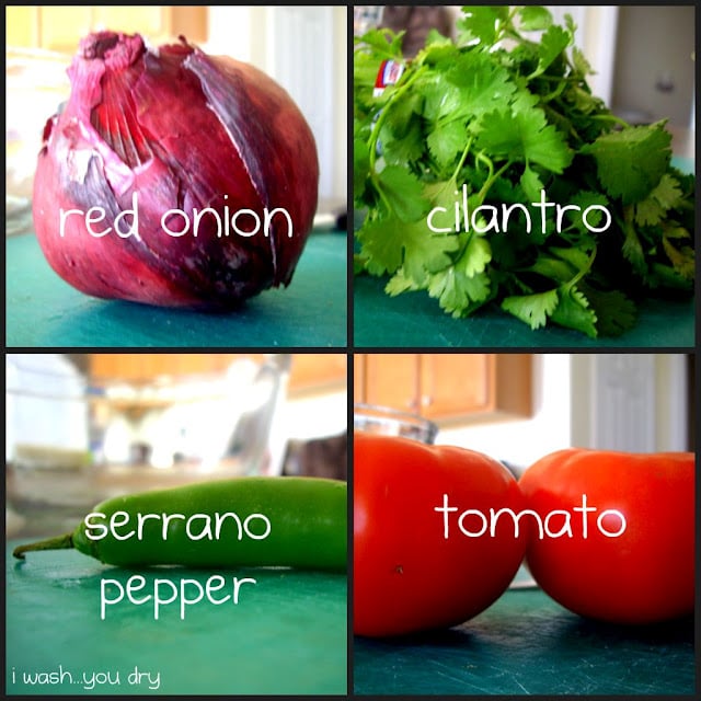 Red onion, cilantro, serrano pepper, tomato. 