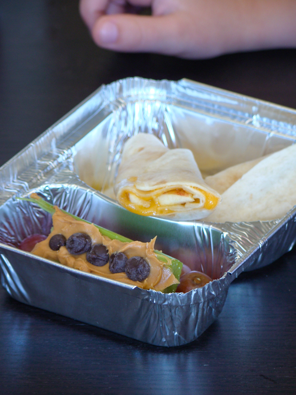 Ants on a log next to a pan with Apple Cheddar Wraps