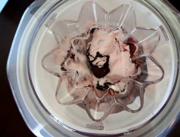 An overhead look into an ice cream maker with all the needed ingredients to make frozen yogurt