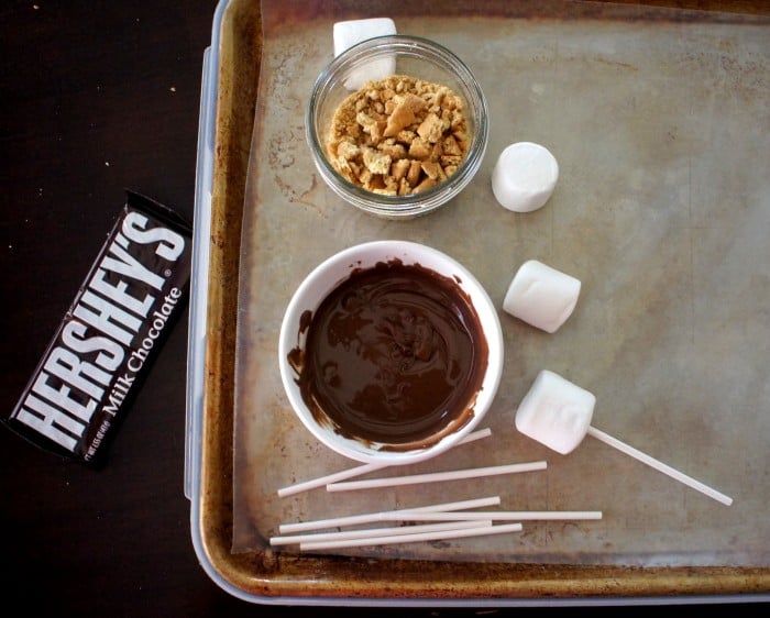 A pan with needed supplies to make S\'mores marshmallow pops