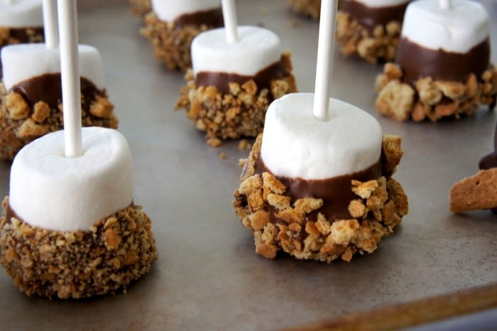 A close up of a S\'mores pop on a pan