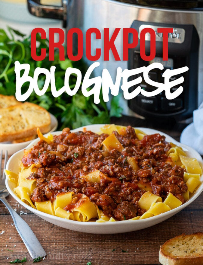 This Crock Pot Pasta Bolognese Recipe is slowly simmered for a deep and rich flavor, filled with ground beef, sausage and mushrooms.