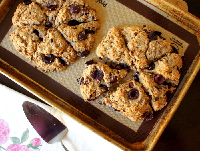 Two scones cut into slices on a pan