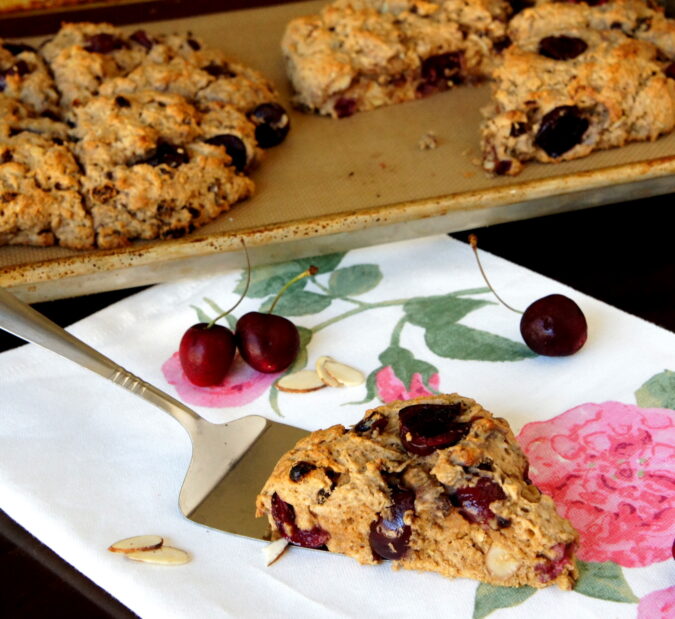 These Whole Grain Cherry Almond Scones are made with fresh cherries and sliced almonds. Perfect for a sweet treat, breakfast snack or brunch too!