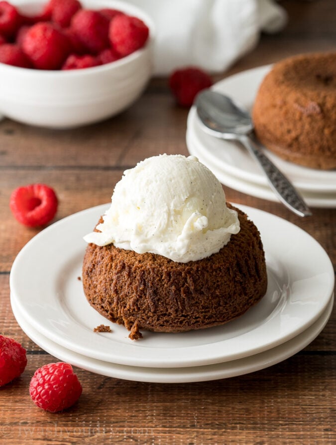 Top your lava cake with a scoop of ice cream and serve with fresh raspberries.