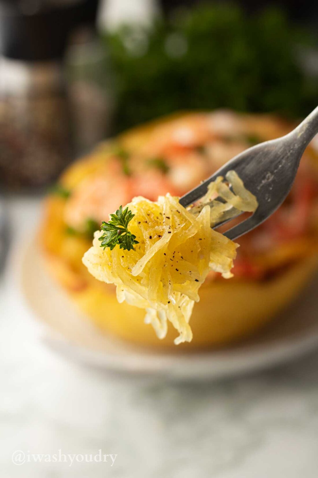 forkful of spaghetti squash with parsley.