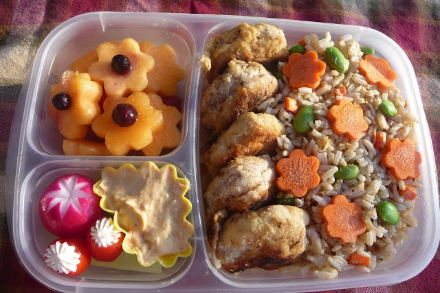 A bento lunch idea, with melon shaped like flowers, meat and carrots shaped like carrots in rice