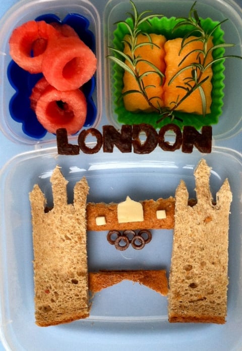 Bento lunch ideas designed to look like London, includes bread, cheese, melon, watermelon