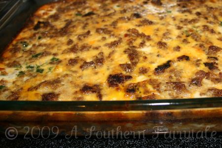 A close up of Sausage and Egg Breakfast Casserole in a pan